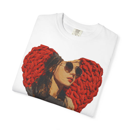 white t-shirt folded chunky knit heart portrait sunglasses detail