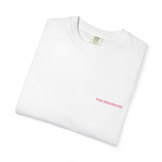 white t-shirt folded minimal front pink text detail