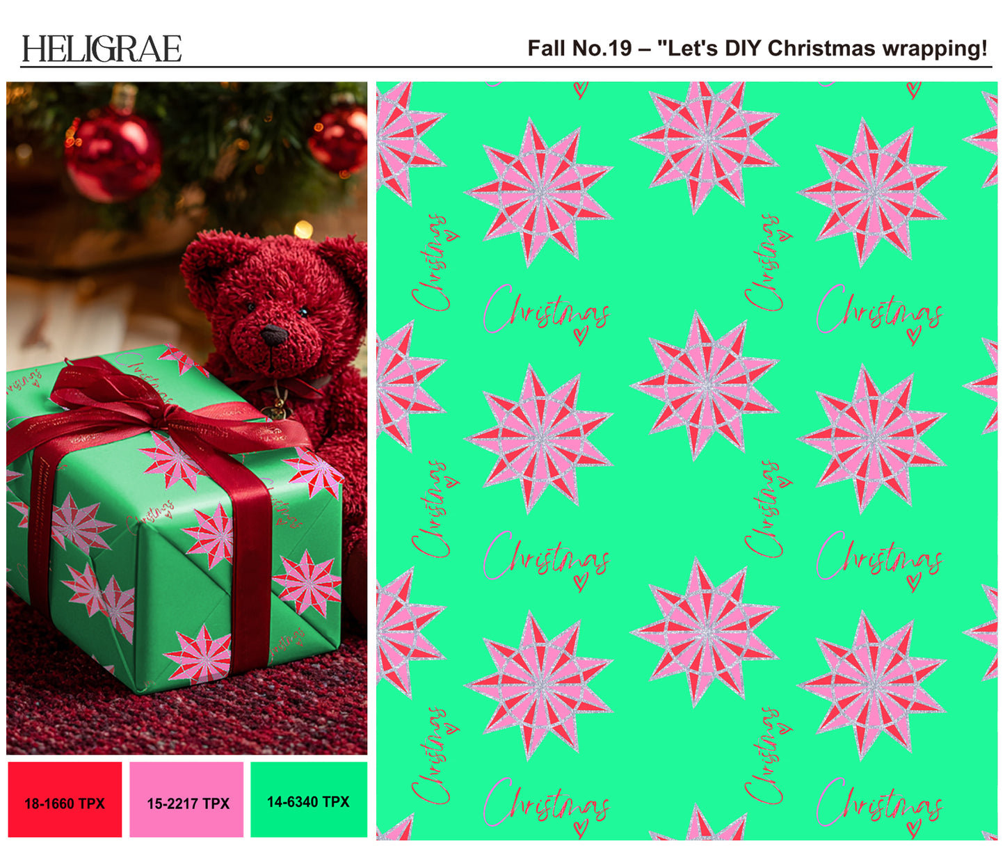 "Modern geometric Christmas pattern with mint green and hot pink stars for festive gift wrap and holiday textile design"