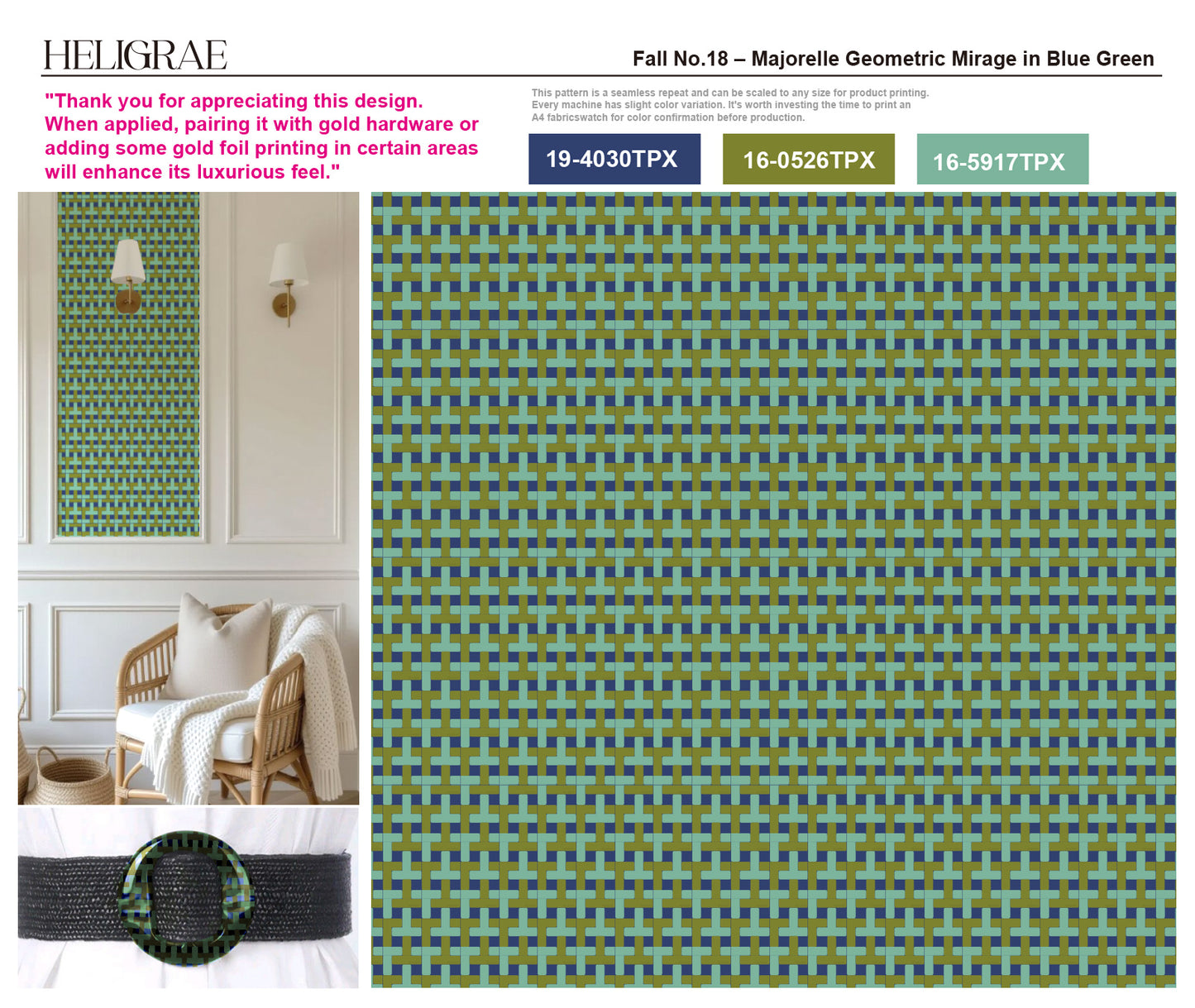 "Moroccan geometric pattern with blue and green interlocking shapes inspired by Marrakesh tilework for textile and fashion design"