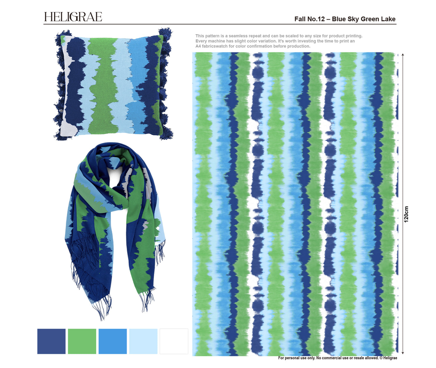 "Impressionist watercolor pattern with blue sky and green lake reflections for textile and surface design"