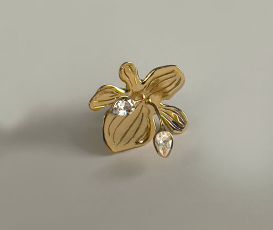18K gold minimal orchid bloom earrings with teardrop crystal, elegant floral jewelry design