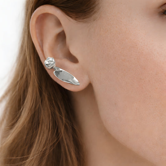 Minimal Tulip Bloom 925 sterling silver earrings, flower bud stud with leaf drop, worn on model