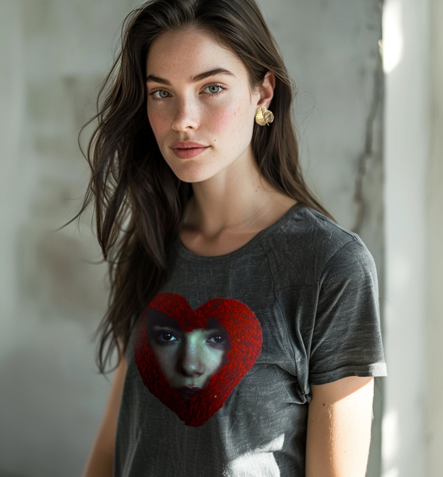 model wearing pepper t-shirt chunky knit heart scarf portrait graphic