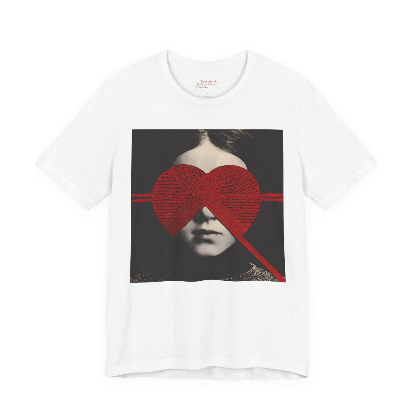 Heligrae white t-shirt red knit heart blindfold portrait front print