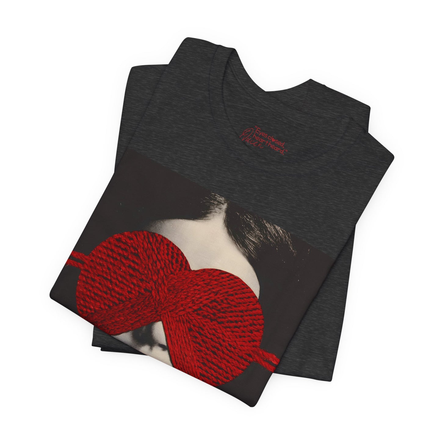 Red Knit Heart Blindfold Graphic T-Shirt – Soft Cotton 3001 Fit
