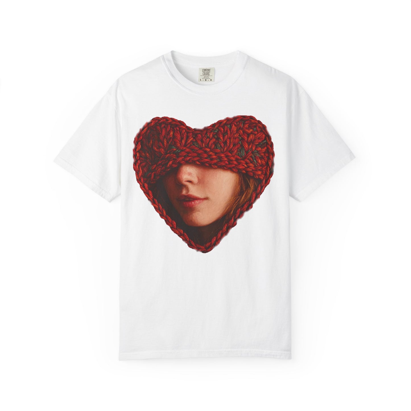 white t-shirt chunky knit heart portrait graphic front print
