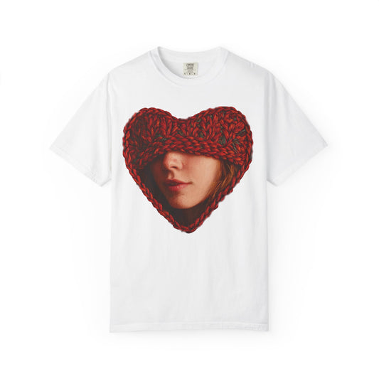 white t-shirt chunky knit heart portrait graphic front print