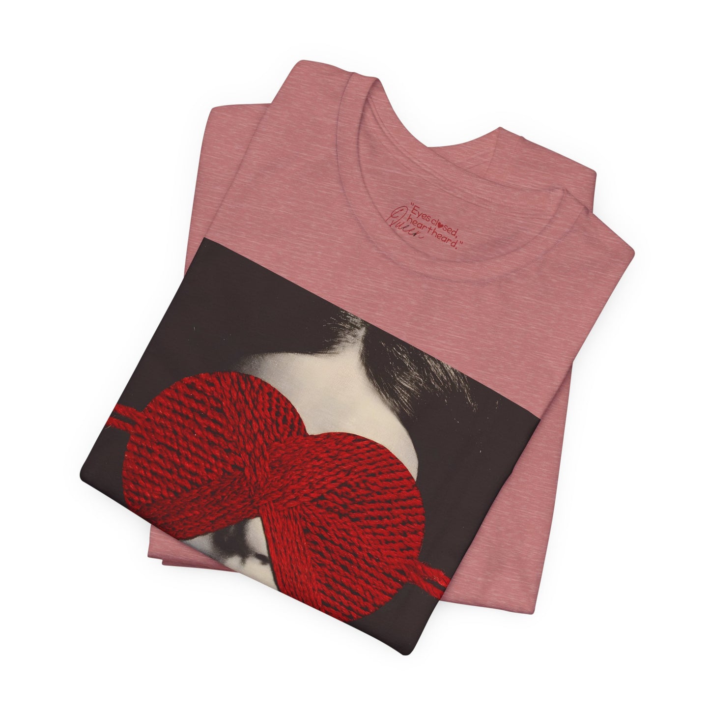 Red Knit Heart Blindfold Graphic T-Shirt – Soft Cotton 3001 Fit