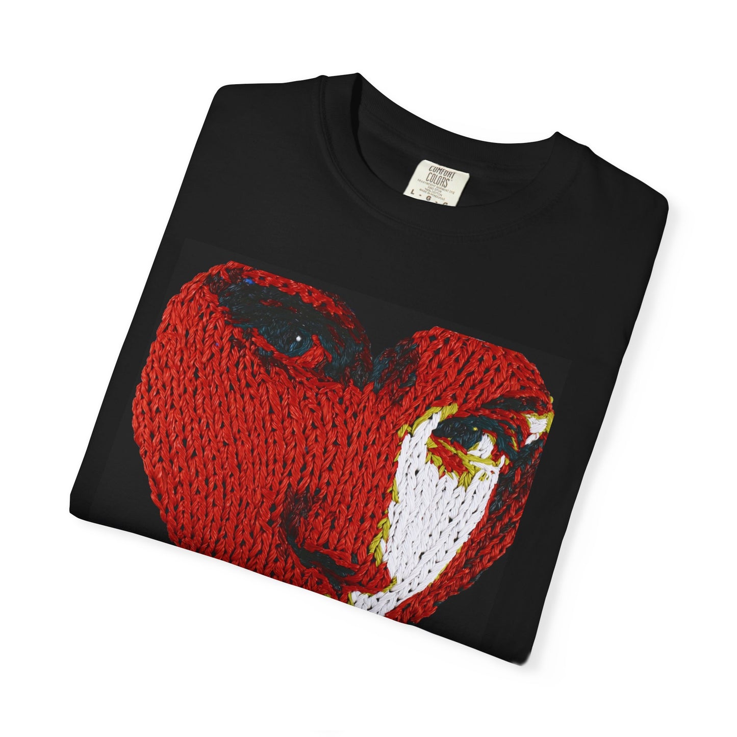 black t-shirt folded knit heart portrait detail close up