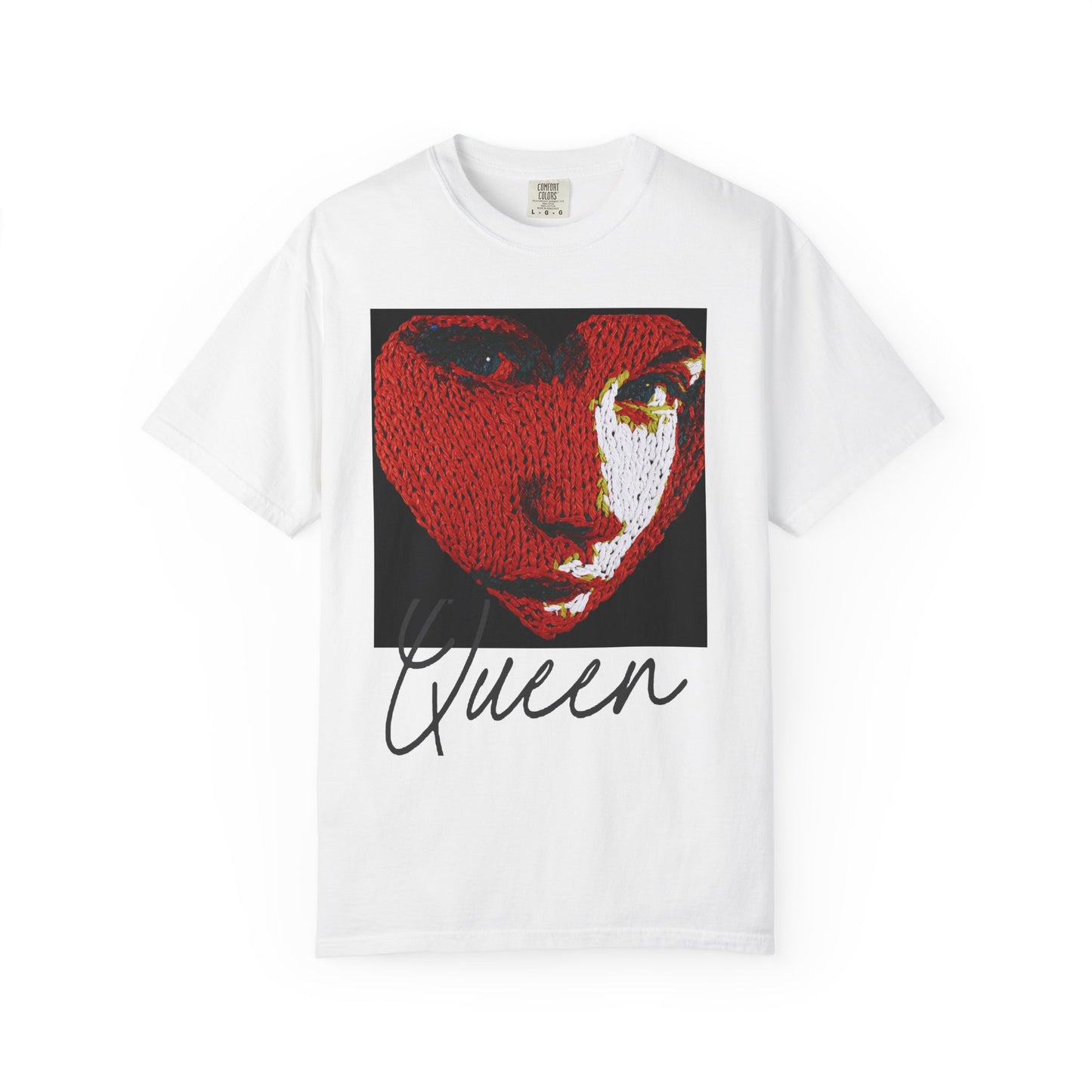 white t-shirt knit heart portrait queen graphic front prin