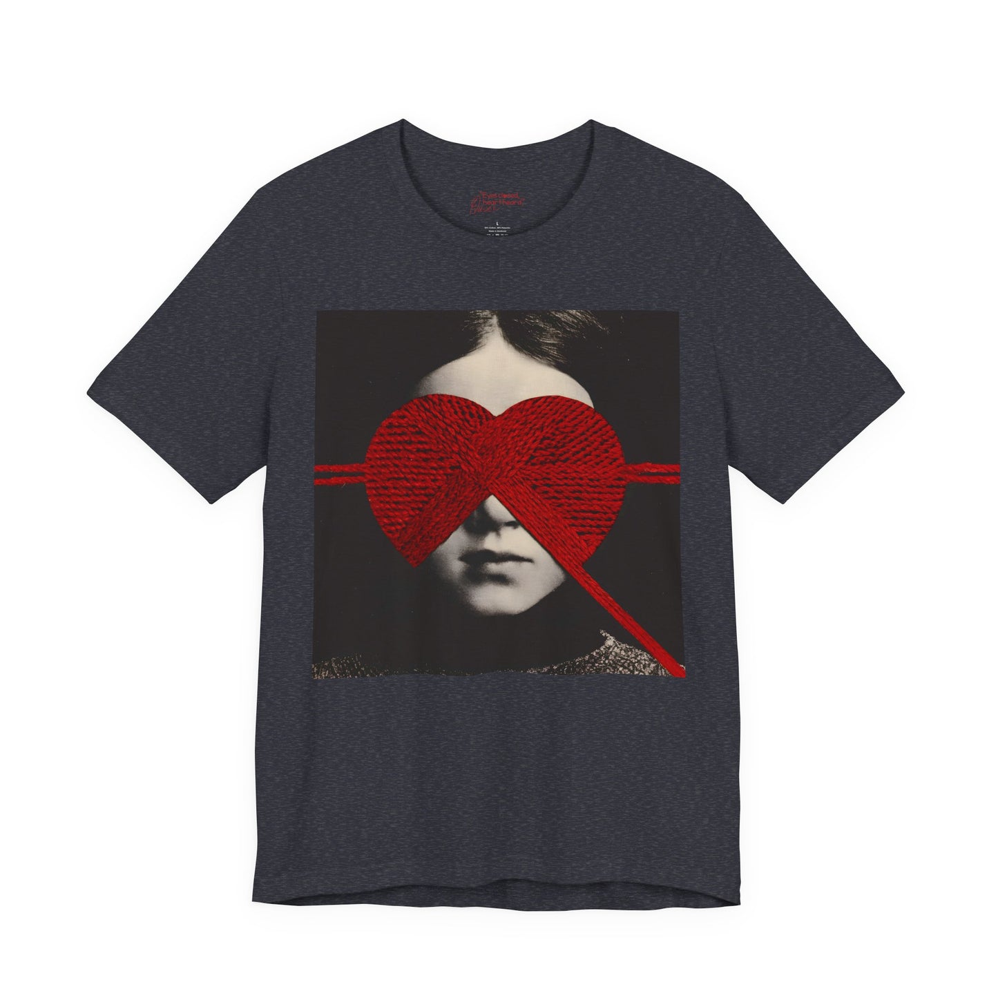 Red Knit Heart Blindfold Graphic T-Shirt – Soft Cotton 3001 Fit