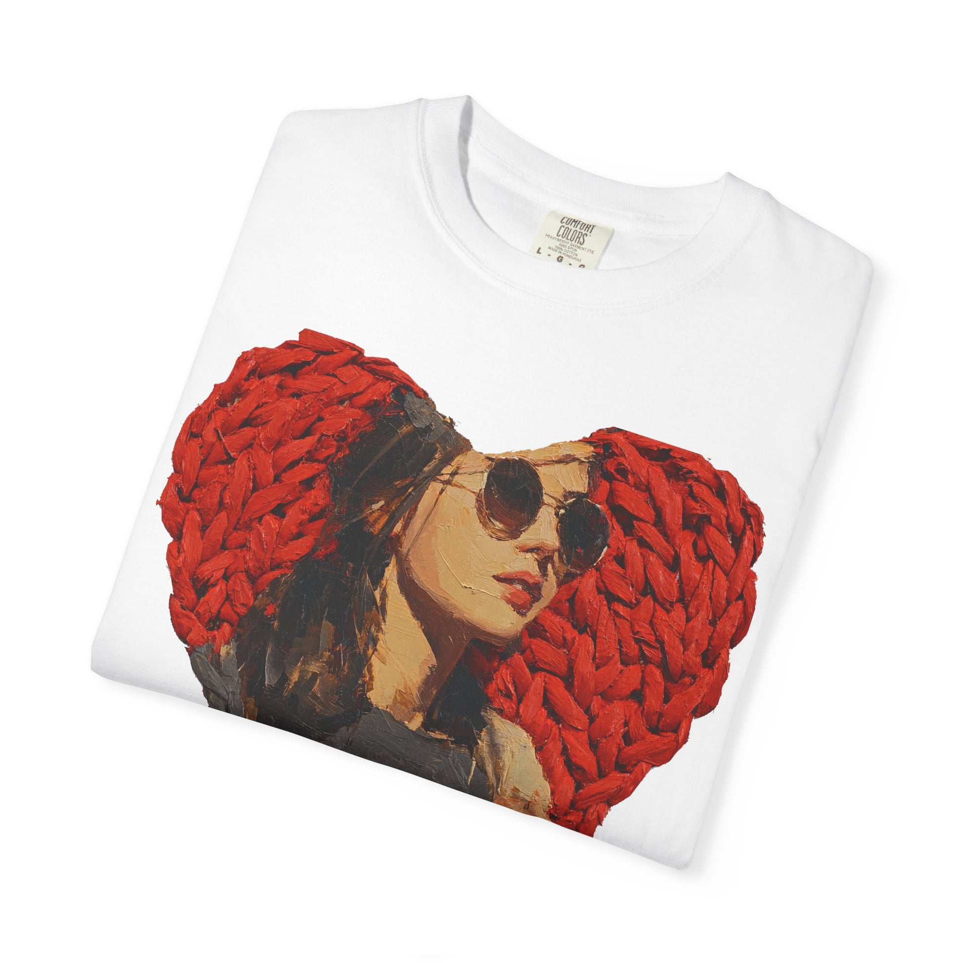 white t-shirt folded chunky knit heart portrait sunglasses detail