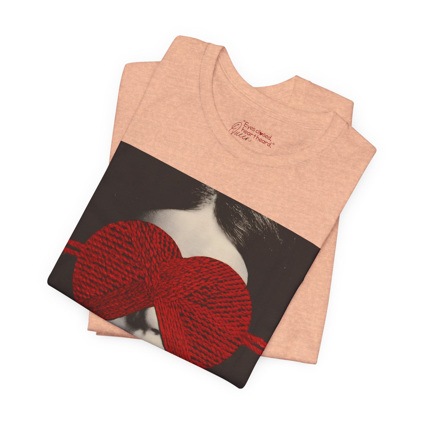 Red Knit Heart Blindfold Graphic T-Shirt – Soft Cotton 3001 Fit