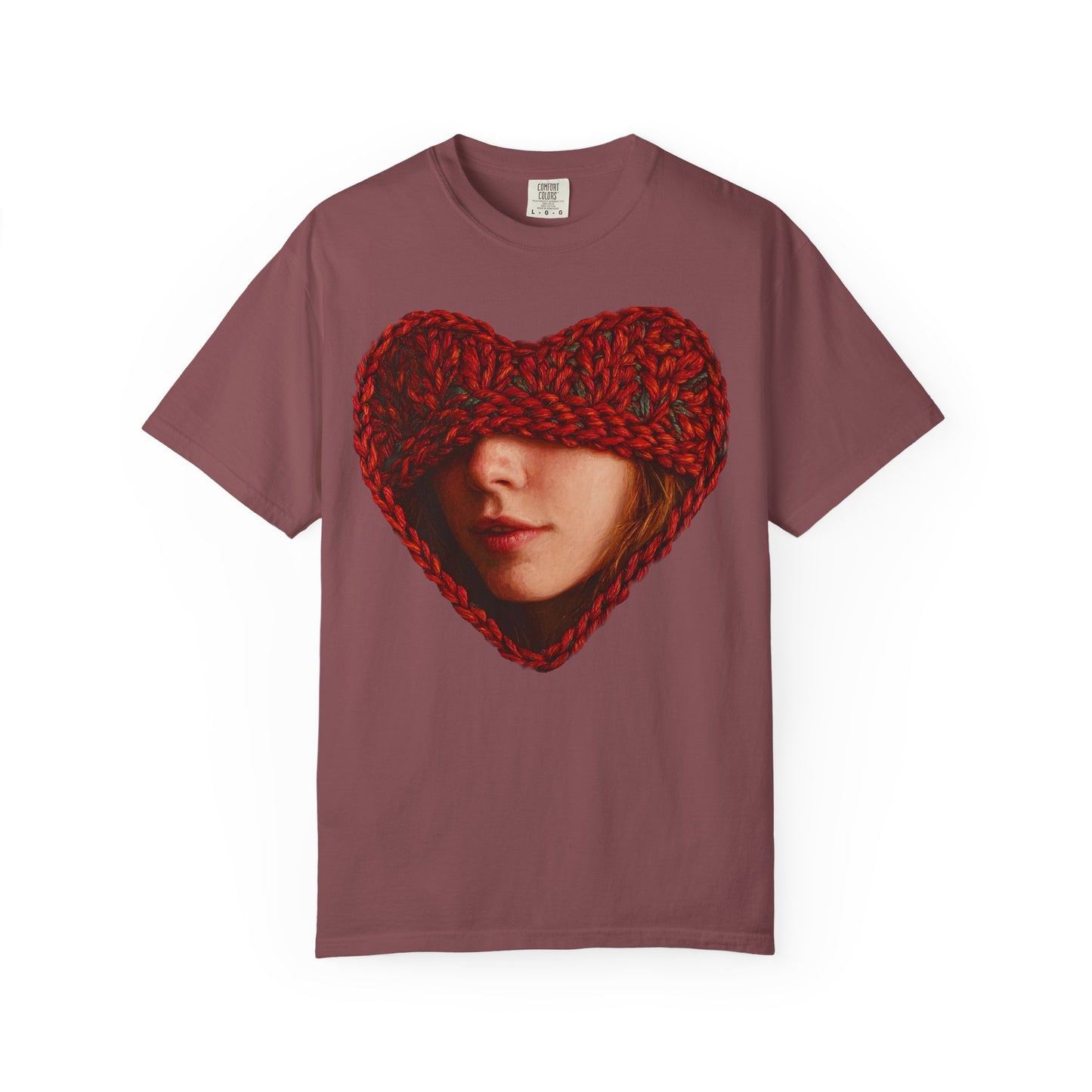 maroon t-shirt chunky knit heart portrait graphic front print
