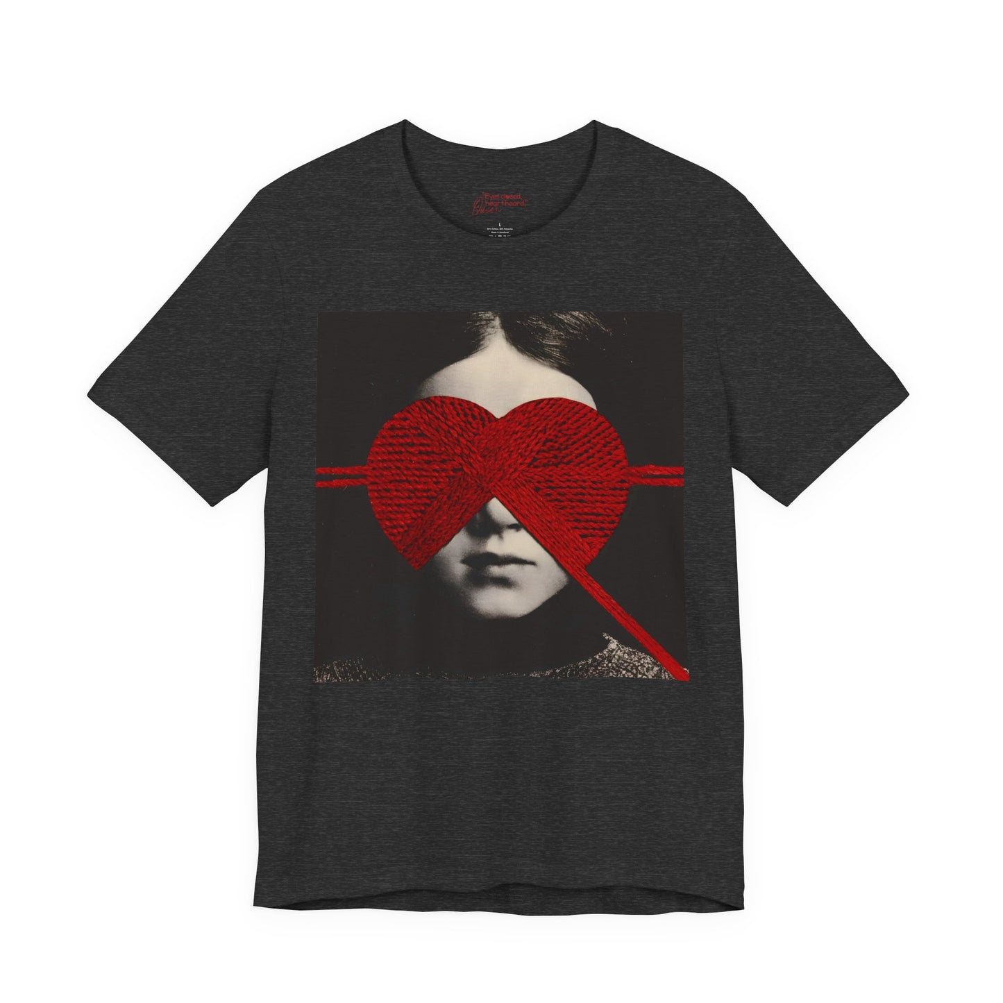 Red Knit Heart Blindfold Graphic T-Shirt – Soft Cotton 3001 Fit
