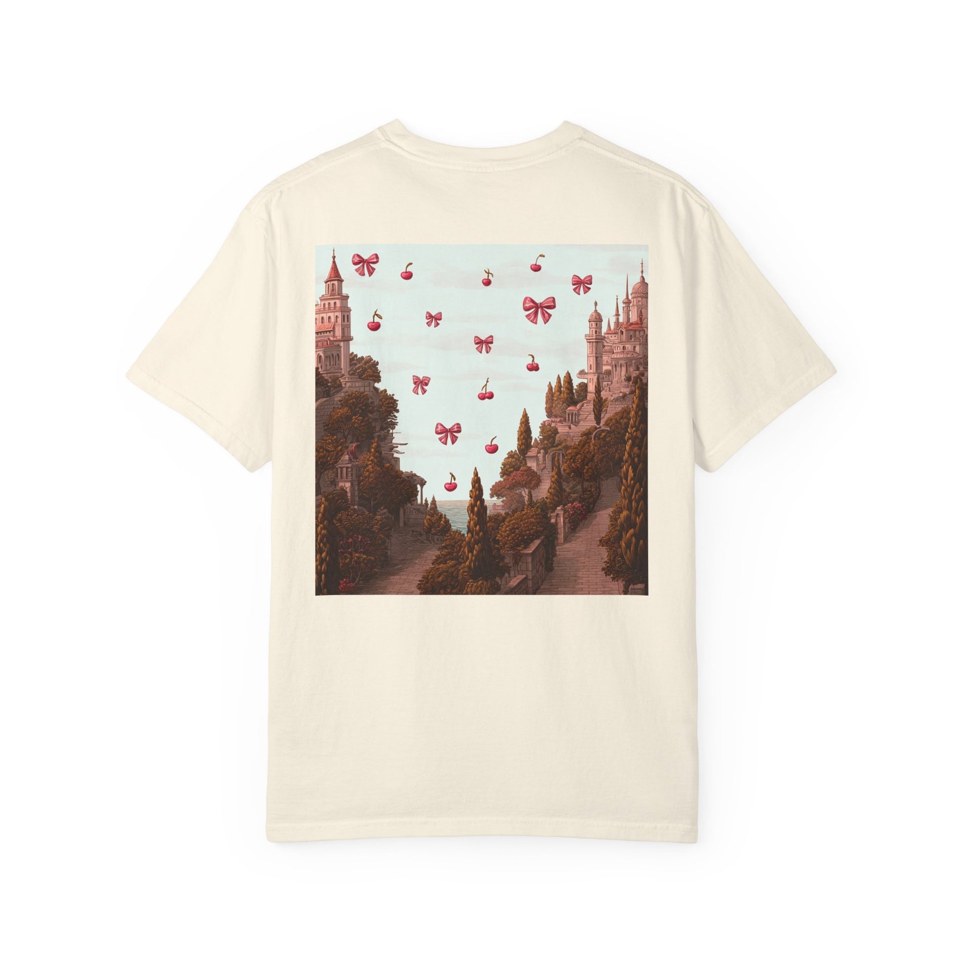 beige t-shirt cherry castle back print graphic vintage aesthetic