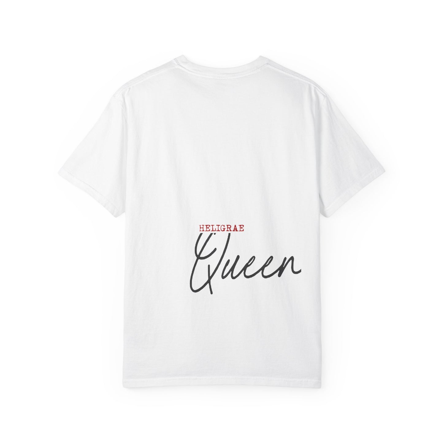 white t-shirt back queen text heligrae logo minimal design