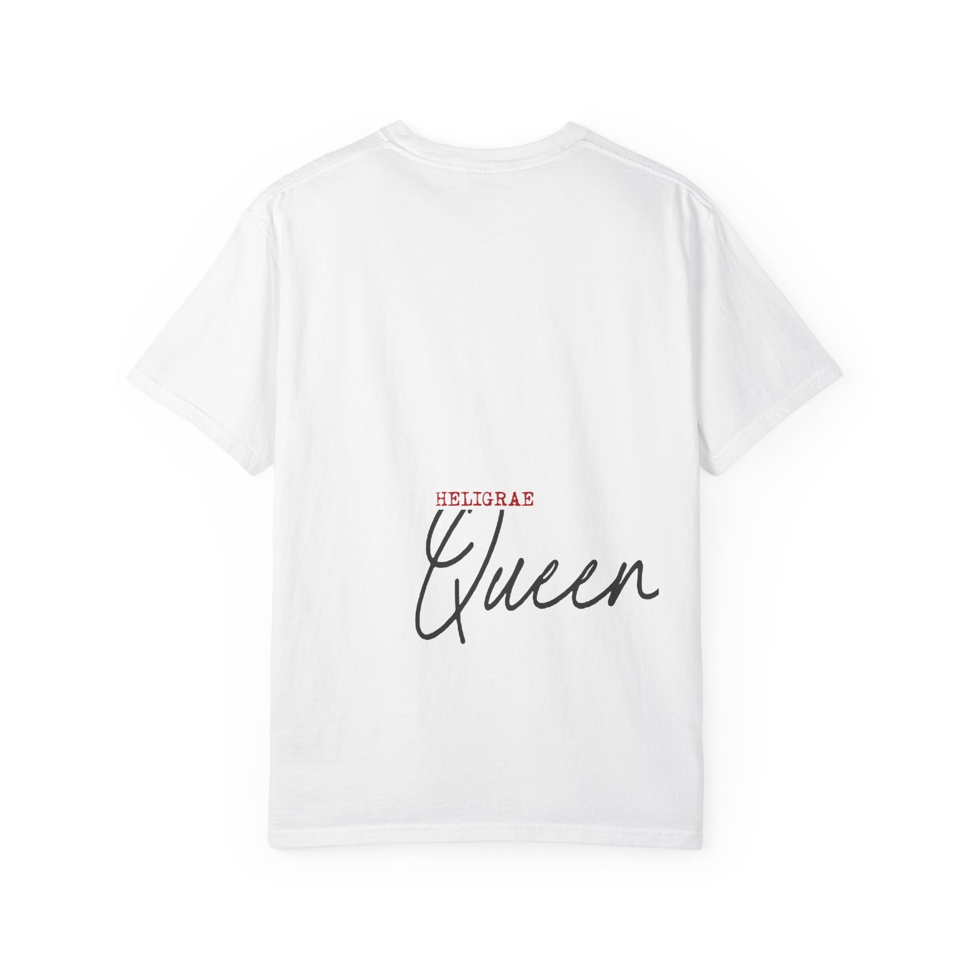 white t-shirt back queen text heligrae logo minimal design