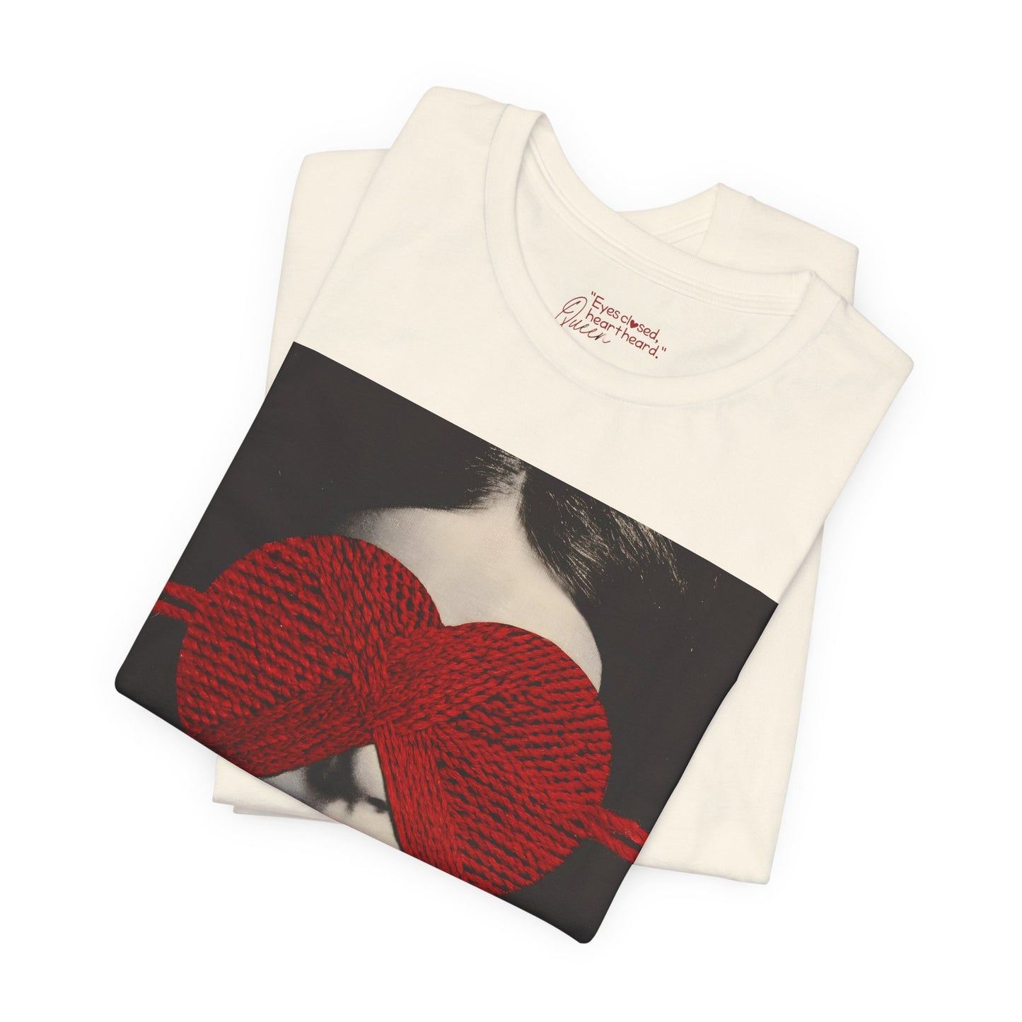 Red Knit Heart Blindfold Graphic T-Shirt – Soft Cotton 3001 Fit