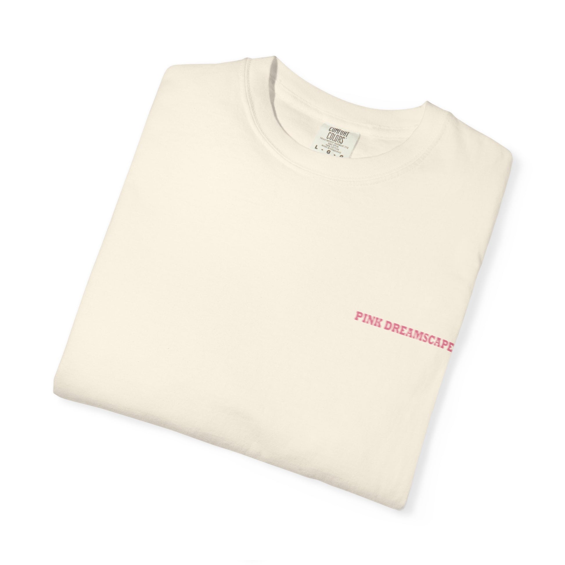 beige t-shirt folded minimal pink text front detail