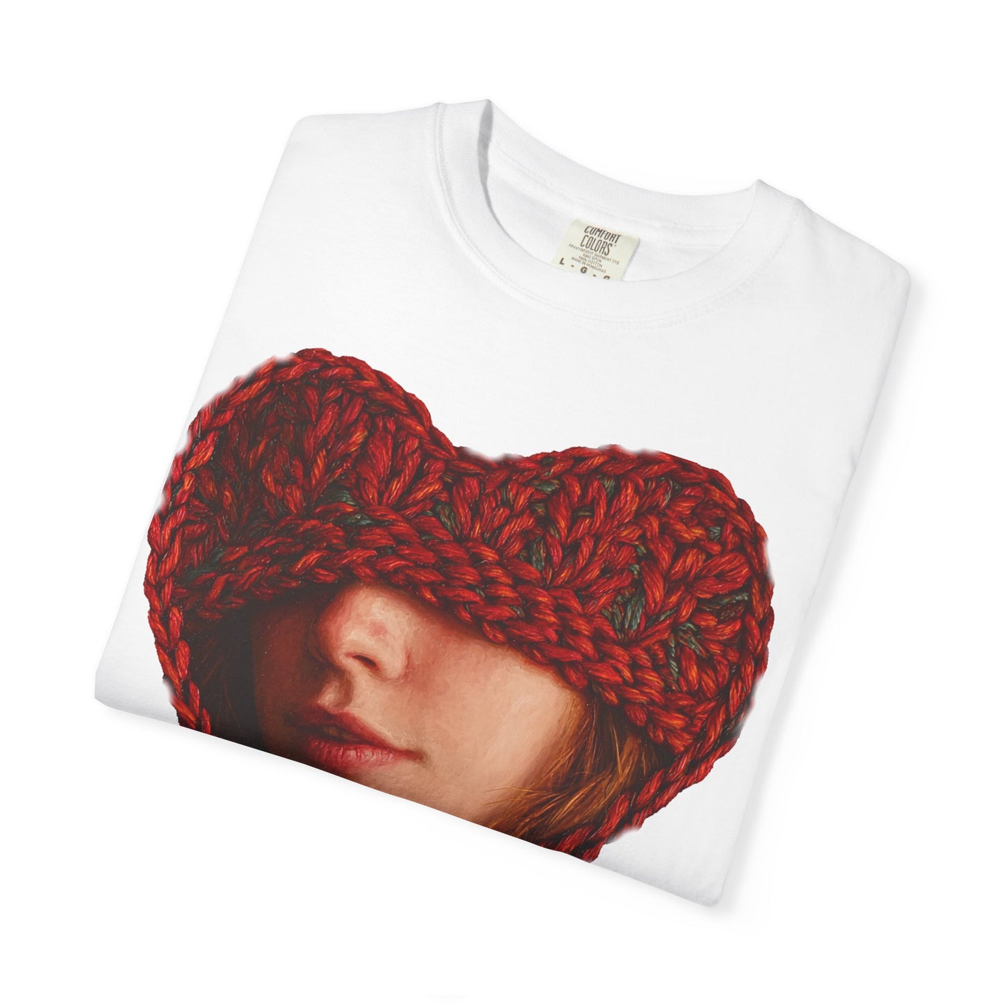 white t-shirt folded chunky knit heart portrait detail close up