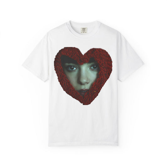 white t-shirt chunky knit heart scarf portrait graphic front print