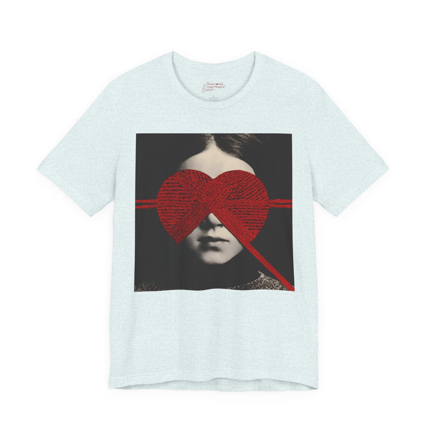 Red Knit Heart Blindfold Graphic T-Shirt – Soft Cotton 3001 Fit