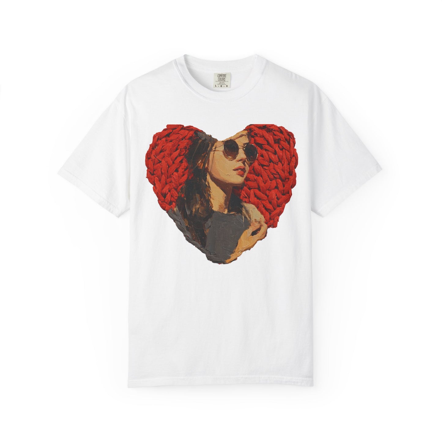  Heligrae white t-shirt chunky knit heart sunglasses portrait graphic front print