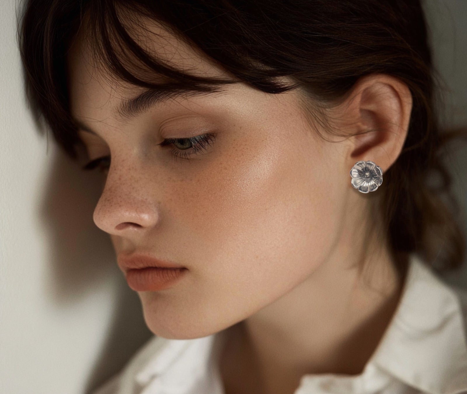 Morning Dew Bloom floral earrings - lifestyle product photography on neutral background | HELIGRAE minimal jewelry
