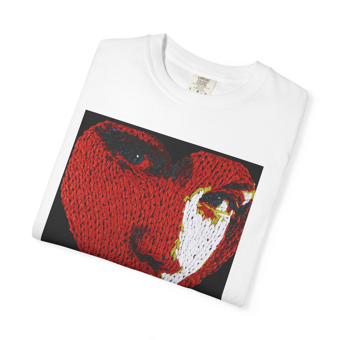 white t-shirt folded knit heart portrait detail close up