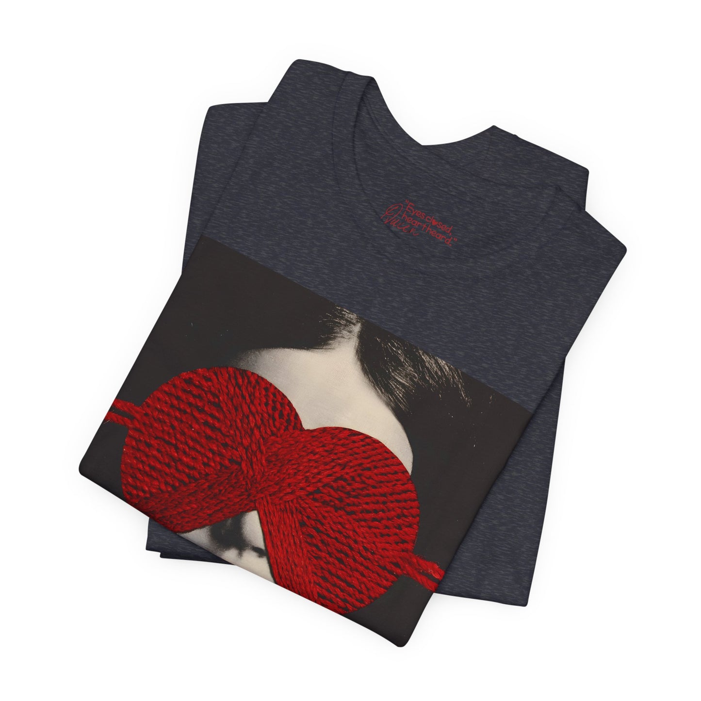 Red Knit Heart Blindfold Graphic T-Shirt – Soft Cotton 3001 Fit