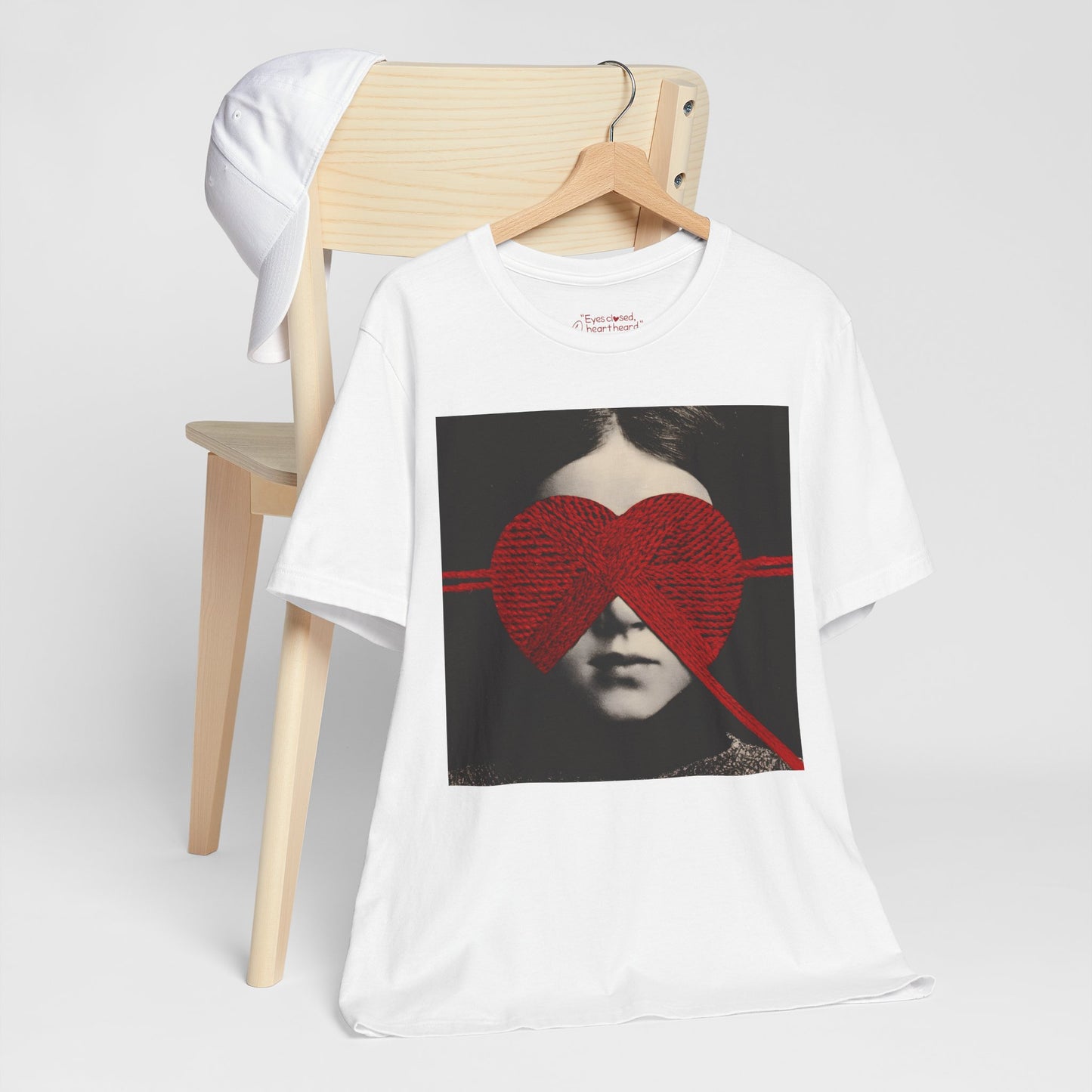 Red Knit Heart Blindfold Graphic T-Shirt – Soft Cotton 3001 Fit