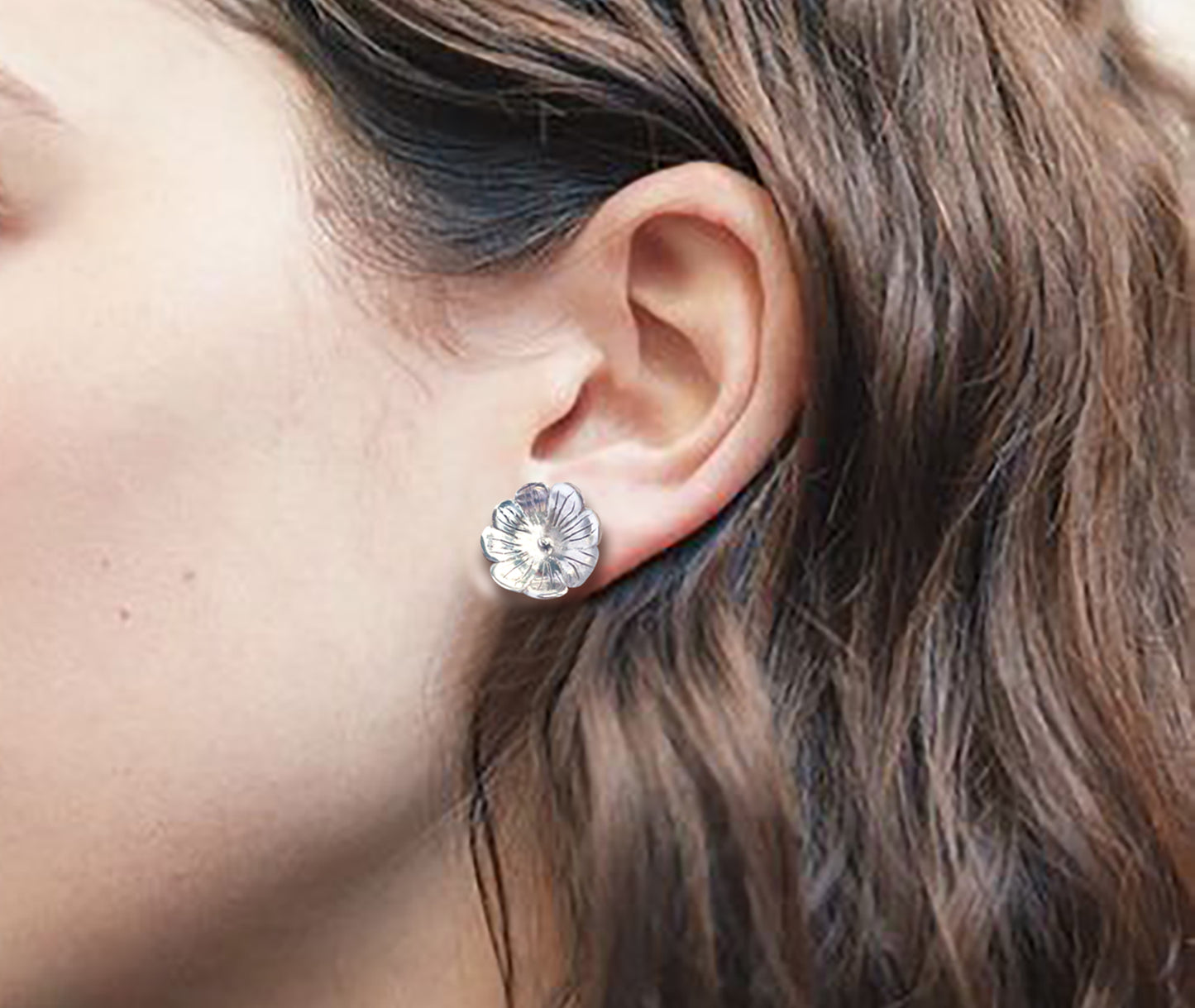 Morning Dew Bloom earrings - detailed view of sculptural bloom form with polished silver shine | HELIGRAE Prototype 08