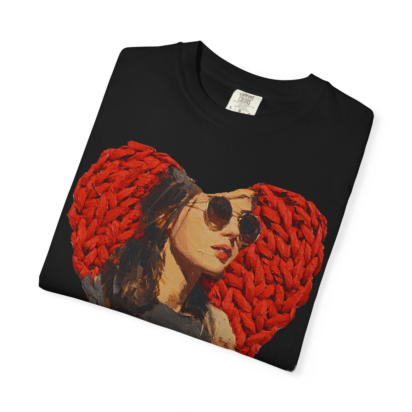  black t-shirt folded chunky knit heart portrait sunglasses detail