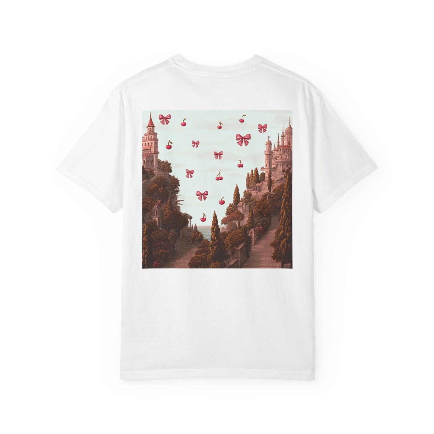 white t-shirt cherry castle back print graphic vintage style