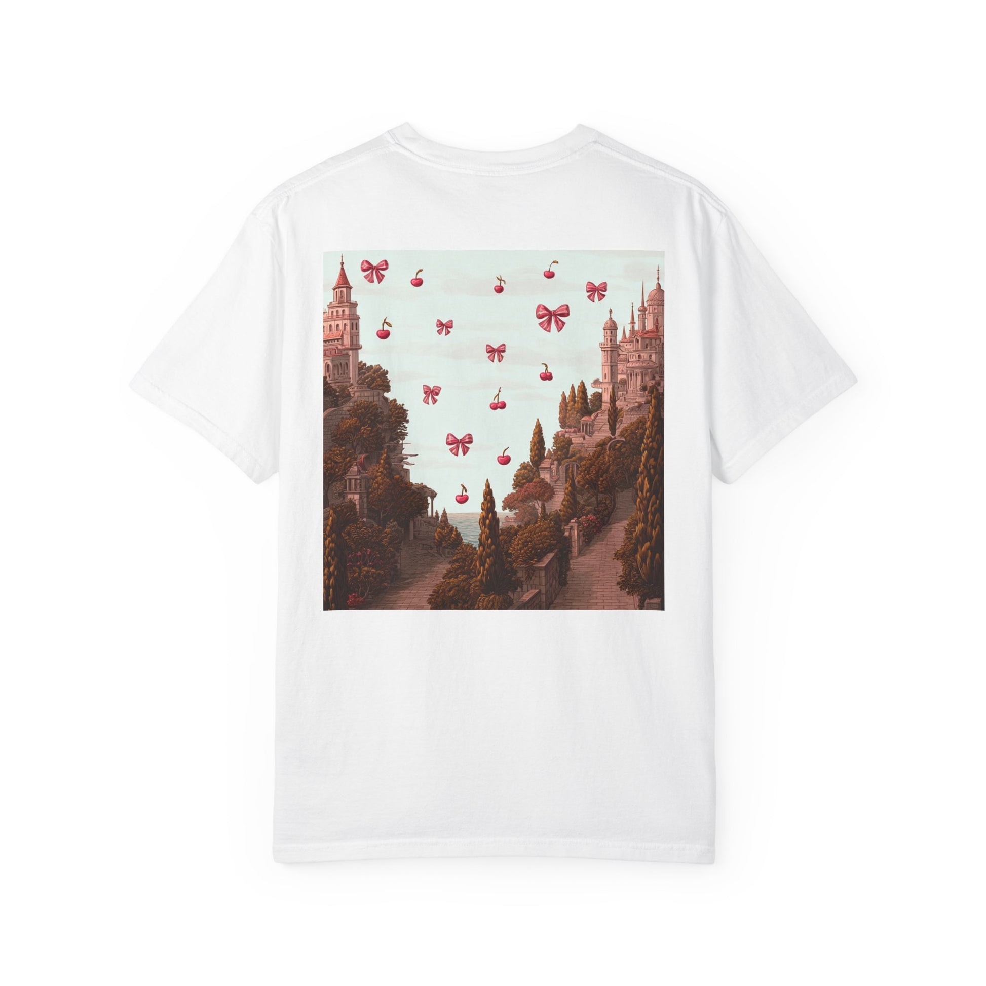 white t-shirt cherry castle back print graphic vintage style