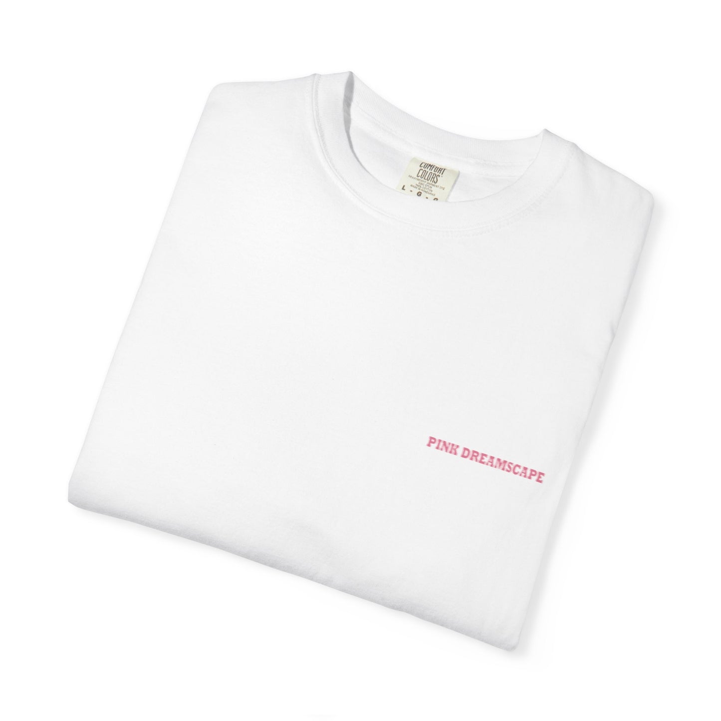 white t-shirt folded minimal front pink text detail