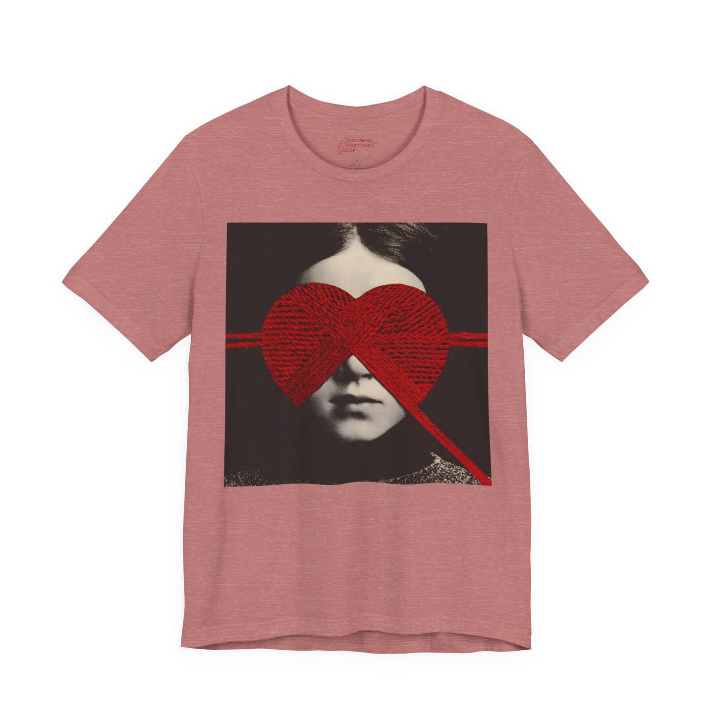 Red Knit Heart Blindfold Graphic T-Shirt – Soft Cotton 3001 Fit