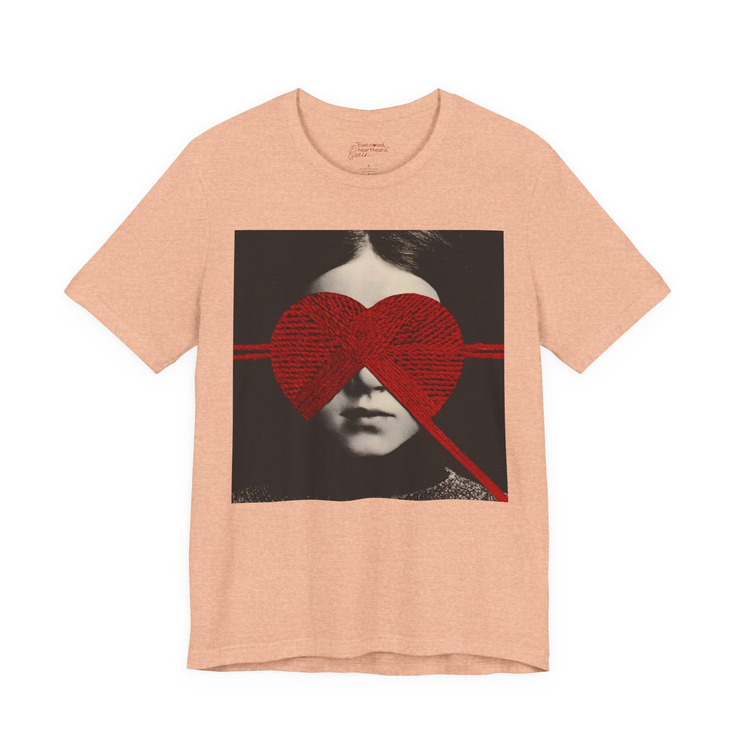 Red Knit Heart Blindfold Graphic T-Shirt – Soft Cotton 3001 Fit