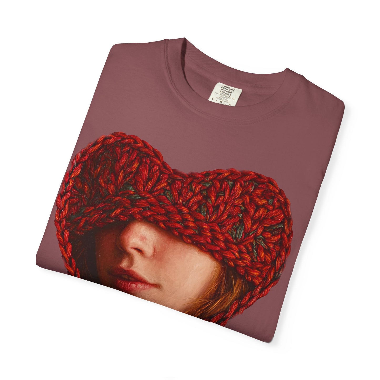 maroon t-shirt folded chunky knit heart portrait detail