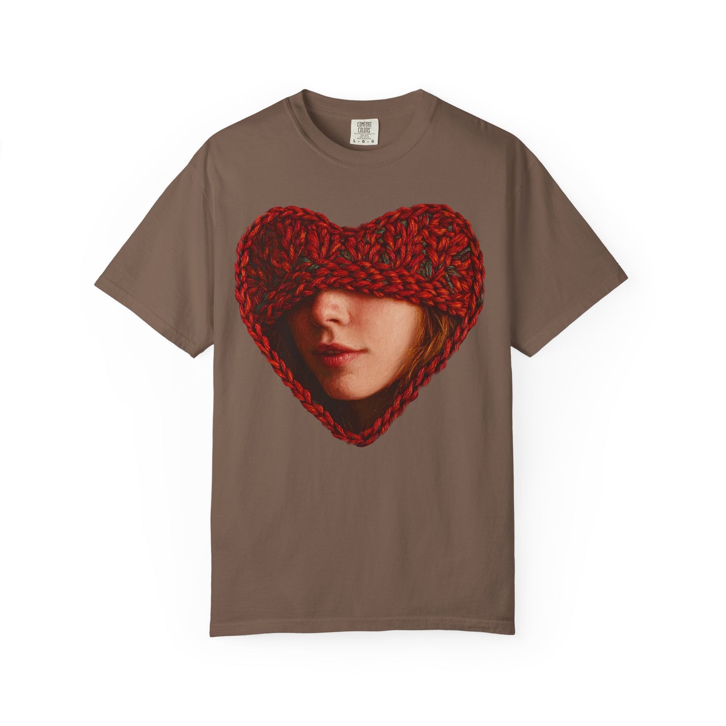 brown t-shirt chunky knit heart portrait graphic front print