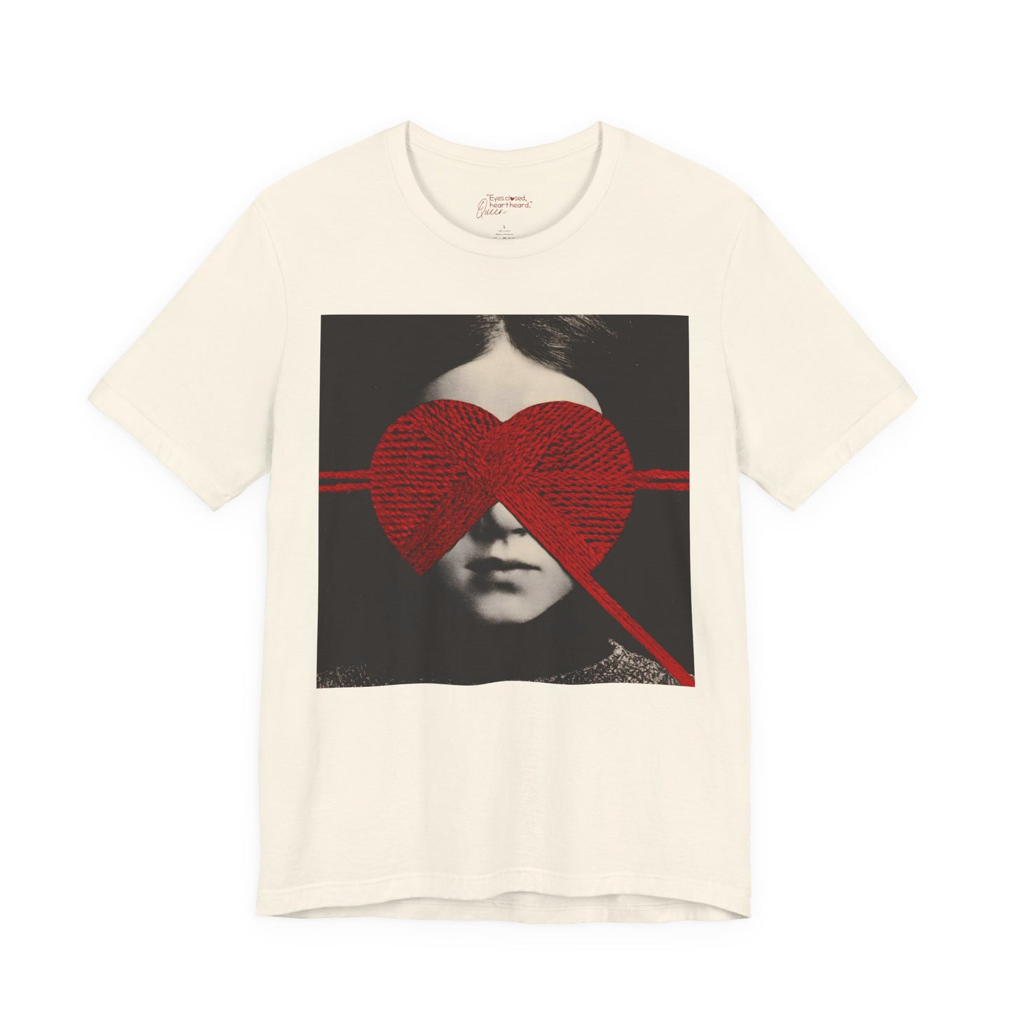 Red Knit Heart Blindfold Graphic T-Shirt – Soft Cotton 3001 Fit