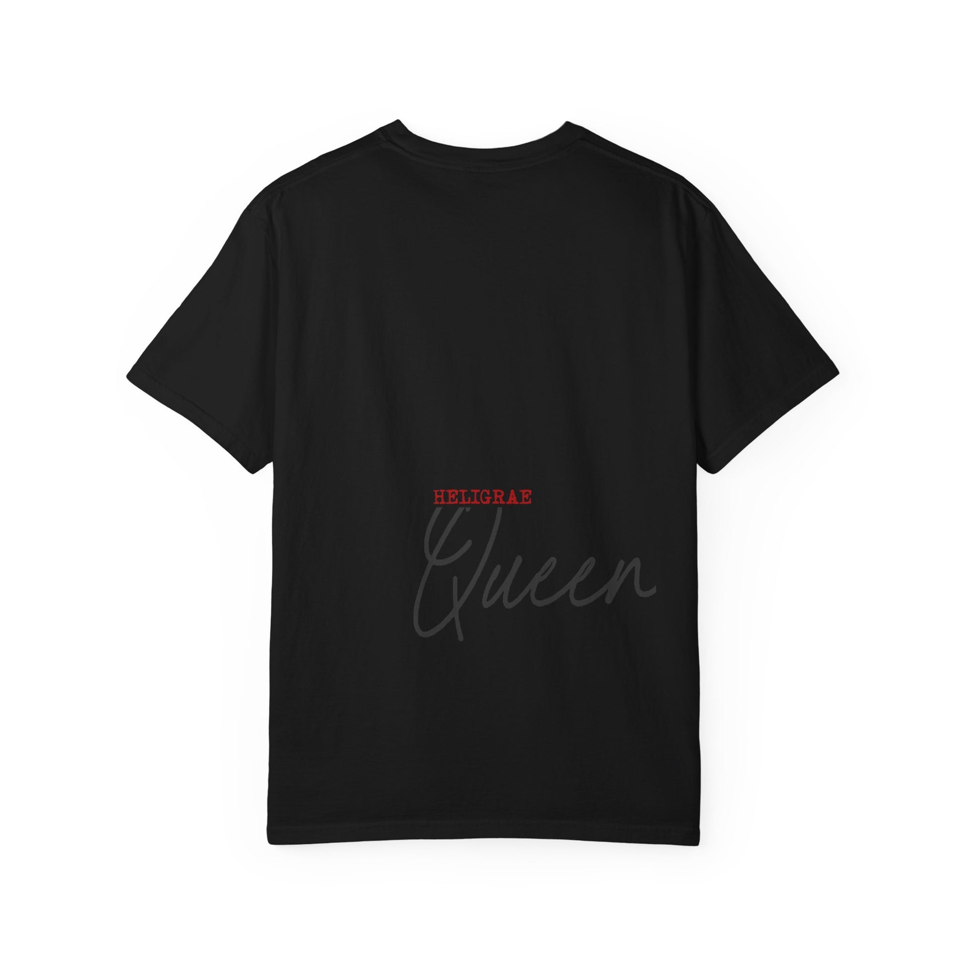 black t-shirt back queen text minimal heligrae logo