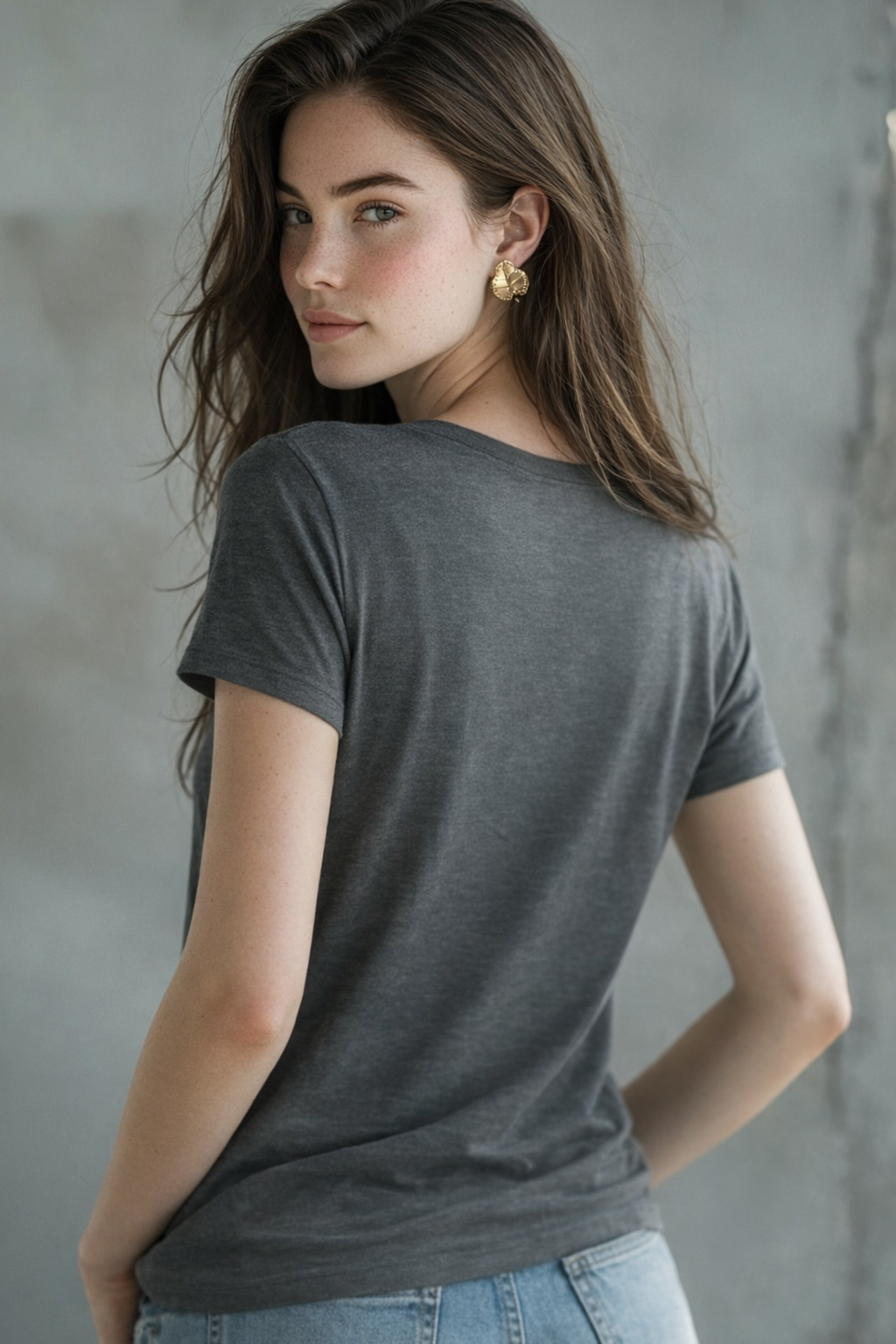 model wearing pepper t-shirt back minimal design