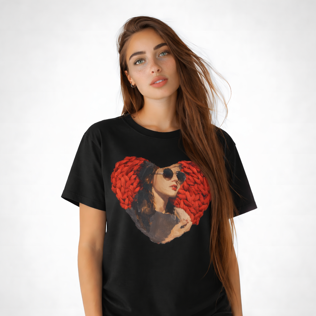 model wearing black chunky knit heart sunglasses portrait t-shirt