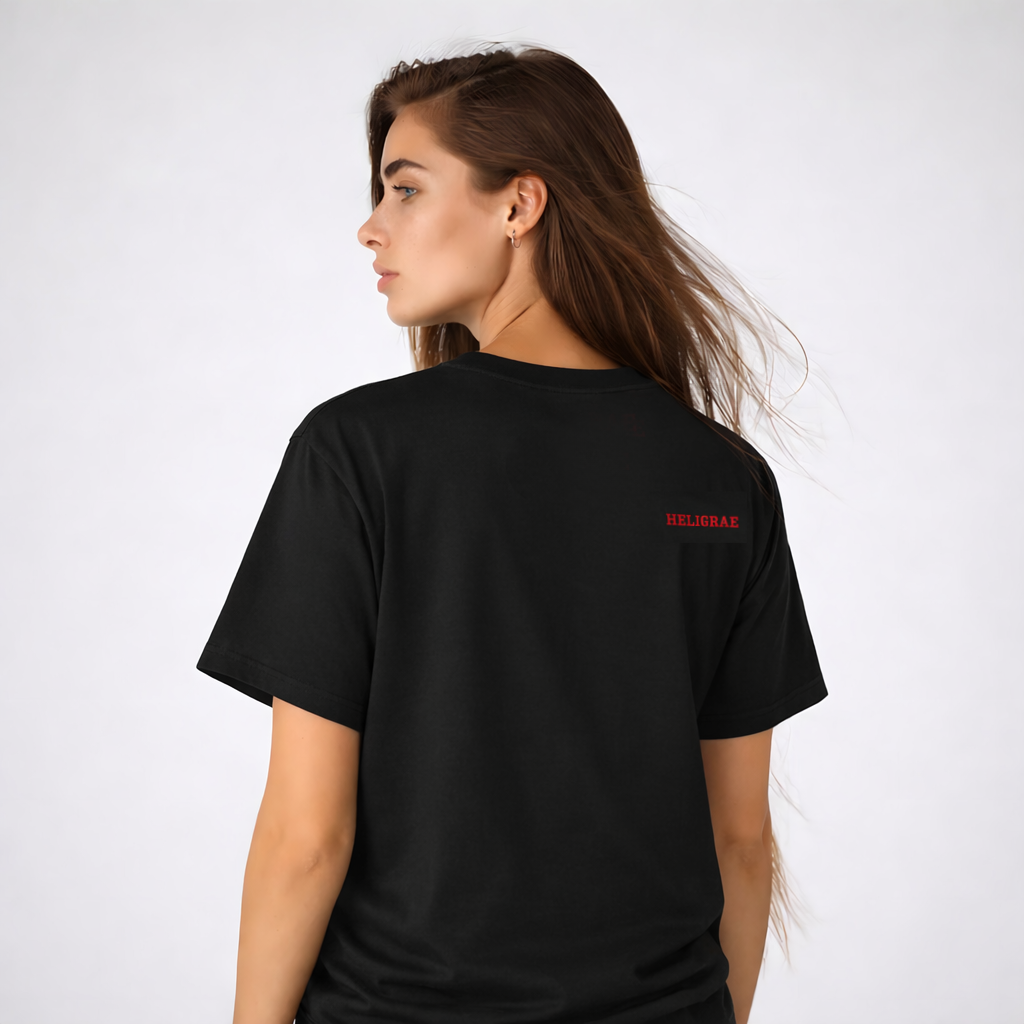 model wearing black t-shirt back minimal logo design