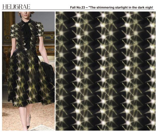 "Celestial geometric pattern with shimmering starlight in black gold and white for luxury fashion and textile design"