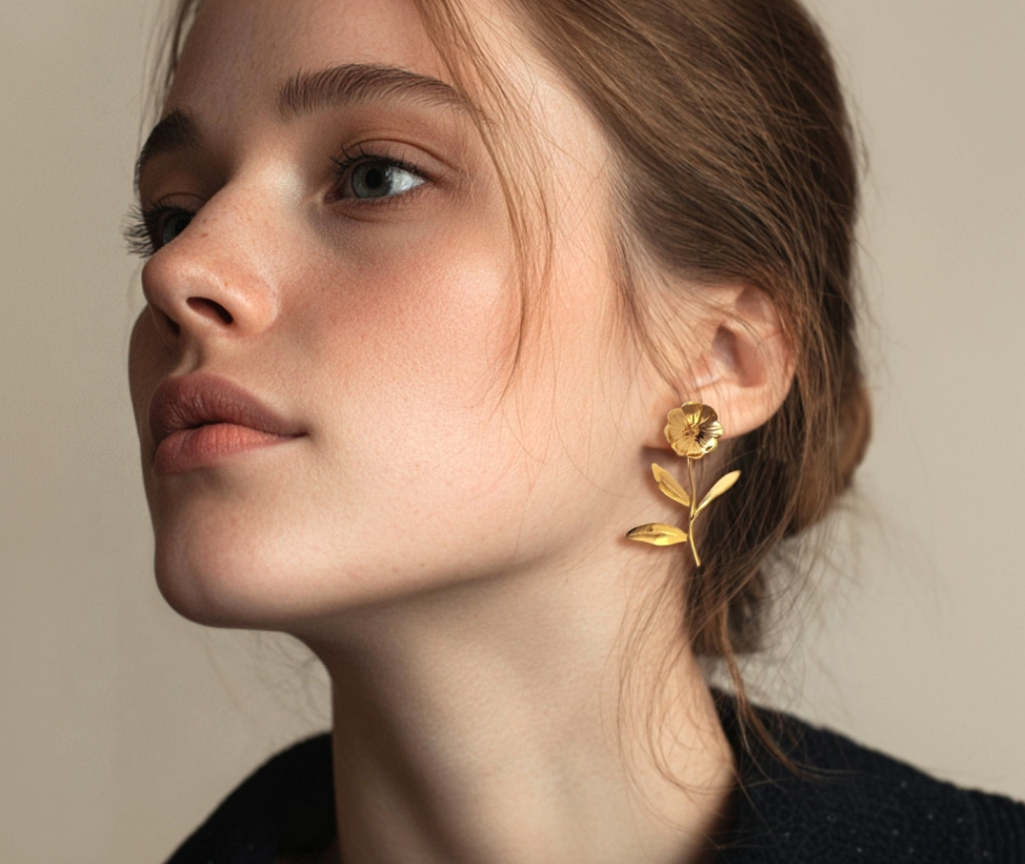 Gold plated blossom stem earrings - engraved veining detail