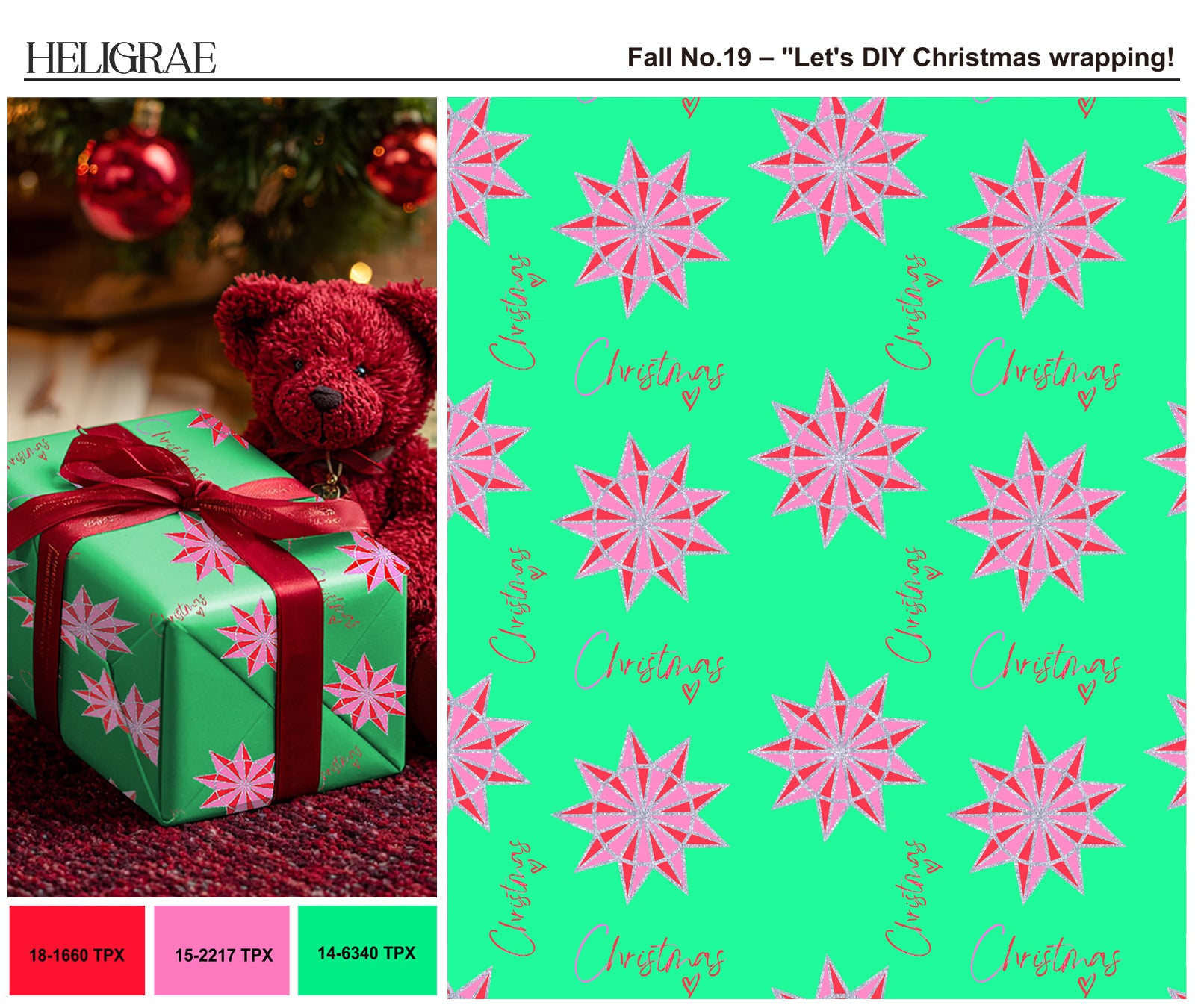 "Modern geometric Christmas pattern with mint green and hot pink stars for festive gift wrap and holiday textile design"